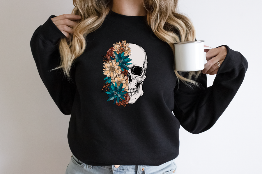 Floral Skull Sweatshirt and Hoodie Option