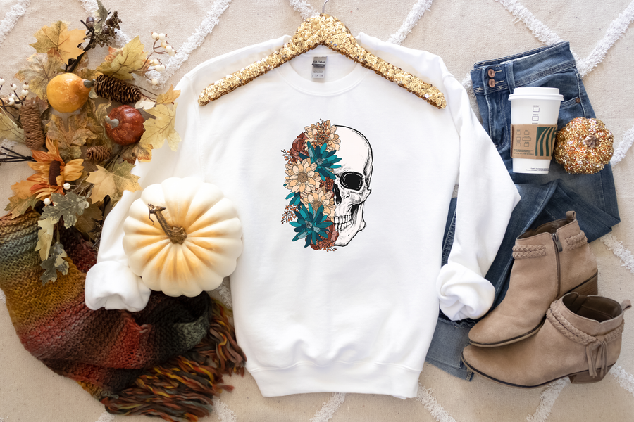 Floral Skull Sweatshirt and Hoodie Option