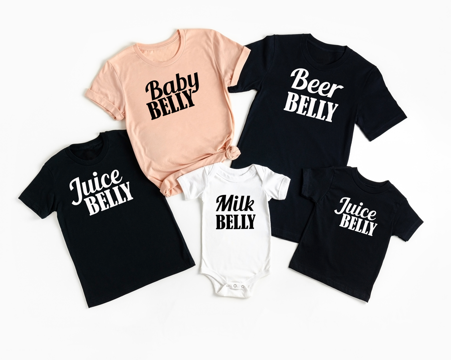 Matching Milk, Juice, Beer, & Baby Belly- Pregnancy Announcement Shirts